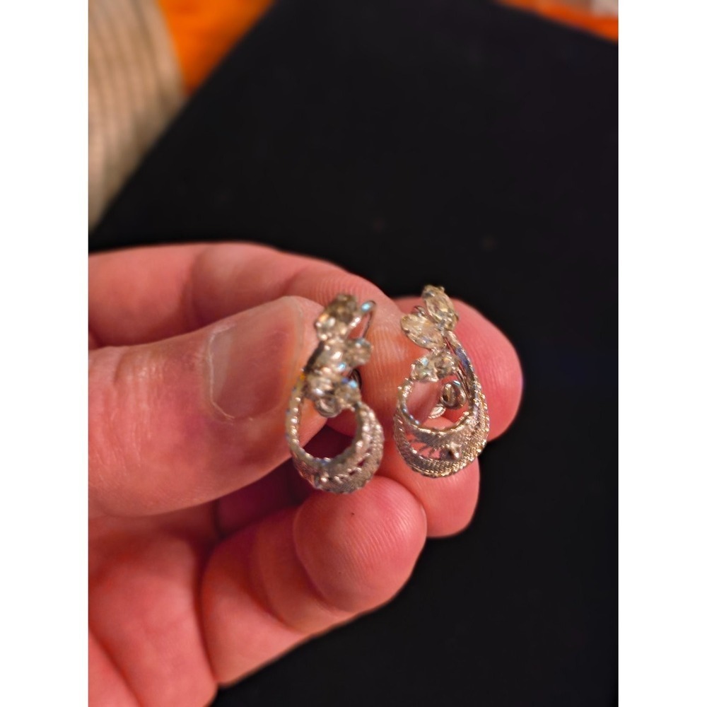 Vtg. Beau Sterling Silver Filigree Rhinestone Screw Back Earrings Mid Century